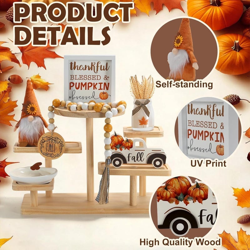 SYNCVIBE Thanksgiving Decorations for Home 6PCS Tiered Tray Decor Set, Tabletop Fall Decor for Tray Shelf Mantel Fire Place Office Desk Thanksgiving Autumn Table Centerpieces Pumpkin Farmhouse Wood Signs - Image 2